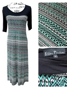 Ellen Parker Black and Teal Patterned Dress Maxi Size S